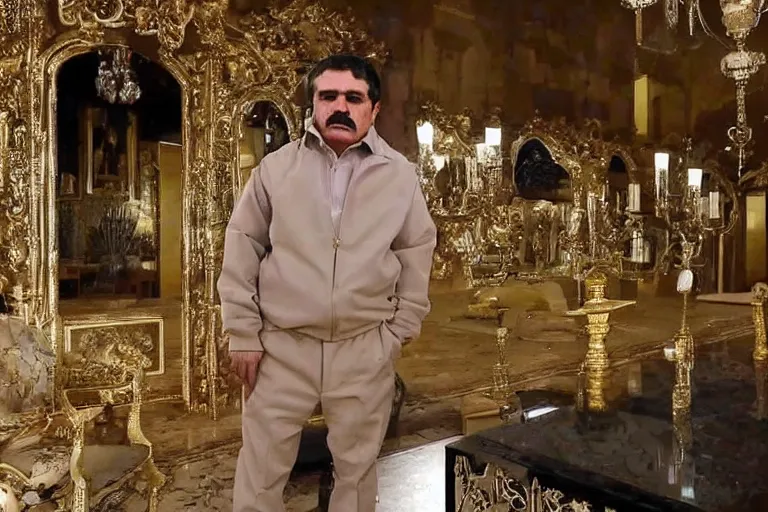 Prompt: el chapo standing in the middle of a grandiose mexican mansion. everything is made out of gold. el chapo is sipping o wine.