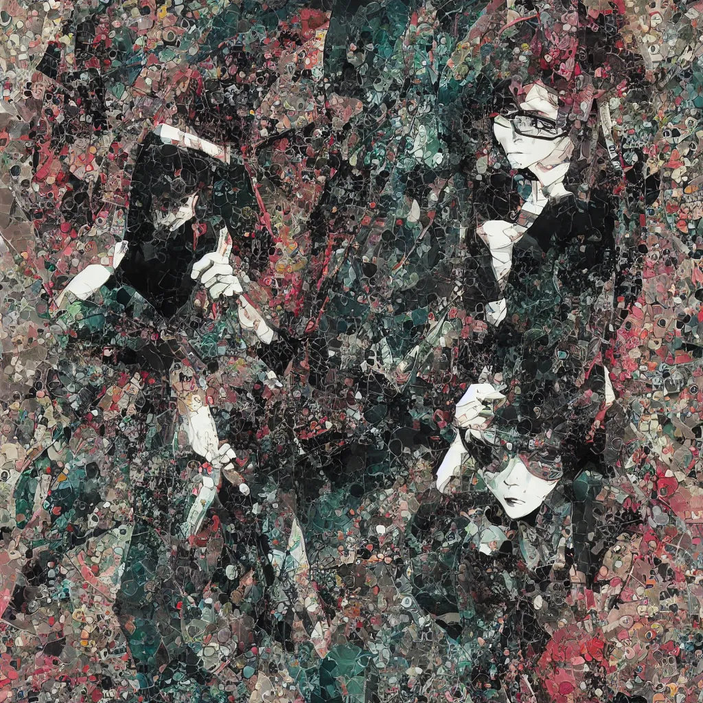 Image similar to girl figure, abstract, jet set radio artwork, ryuta ueda artwork, cryptic, rips, spots, asymmetry, stipple, lines, glitches, color tearing, pitch bending, stripes, dark, ominous, eerie, hearts, minimal, points, otomo katsuhiro artwork, technical, natsumi mukai artwrok, folds