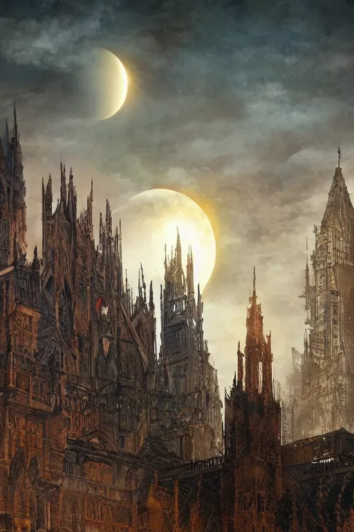 Prompt: A dramatic solar eclipse over a medieval construction site for the tallest tower in the world. masterpiece 4k digital design by John Avon and Greg rutkowski, award winning, Artstation, Takato Yamamoto aesthetic, Neo-Gothic, gothic, forest on background, intricate details, realistic, hyperdetailed, 8k resolution