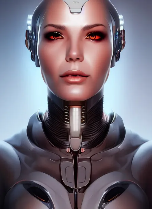 Image similar to portrait of a cyborg woman by Artgerm, (((((face turns left))))) (((face turns right))), eyes closed , biomechanical, hyper detailled, trending on artstation