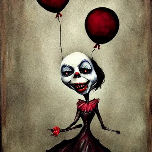 Image similar to grunge painting of the rake with a wide smile and a red balloon by chris leib, loony toons style, pennywise style, corpse bride style, horror theme, detailed, elegant, intricate