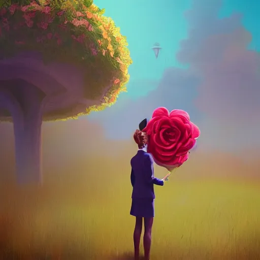 Image similar to portrait, giant rose flower head, girl in a suit, surreal photography, sunrise, blue sky, dramatic light, impressionist painting, digital painting, artstation, simon stalenhag