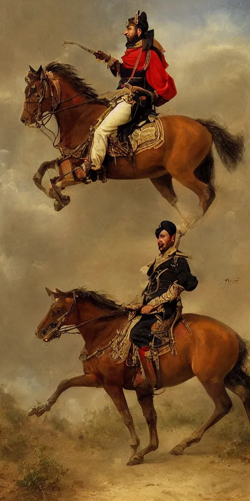 Image similar to Highly detailed and cinematic romantic period oil painting of an Arabian soldier riding a rearing horse, strong atmosphere, oil painting masterpiece by Josep Tapiró Baró, symmetry, fractals