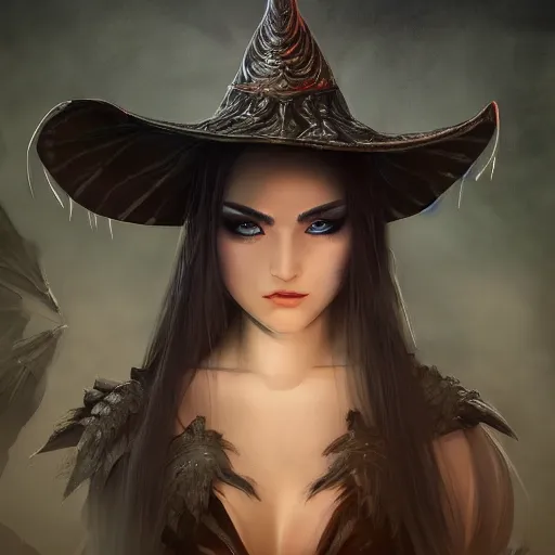 Image similar to higly detailed full body character art of a high fantasy sorceres eyes covered by a pointy mage hat, full body, highly detailed, photo realistic, dark fantasy atmosphere, froggy, 8K, matte-painting