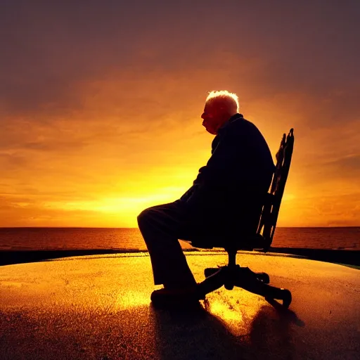 Image similar to A very old man, sitting in a chair in front of a window, looking out at a beautiful sunset award winning photograph