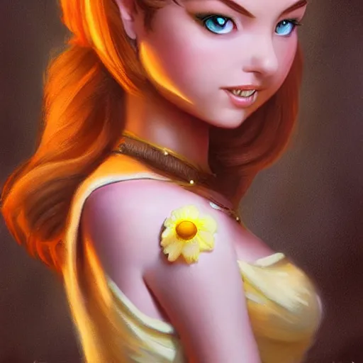 Image similar to beautiful close up, princess daisy from super mario as realistic brunette human character art portrait, matte fantasy painting, deviantart artstation, by jason felix by steve argyle by tyler jacobson by peter mohrbacher, cinema c 9. 0