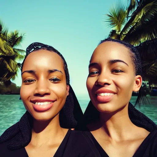 Image similar to beautiful serene intricate portrait of identical twins, one is black and one is white, taking a selfie, smiling softly, relaxing on the beach, golden hour, soft focus, 8 k, art by irakli nadar, hyperrealism, hyperdetailed, ultra realistic