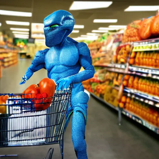 Prompt: mid shot of an alien dressed by emidio tucci buying groceries at the store, shot by amanda carlson and alex strelkovv, professional photo, masterpiece, very detailed, hyper - realistic, cinematic, 4 k