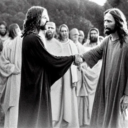 Prompt: film still of Homelander shaking jesus's hand