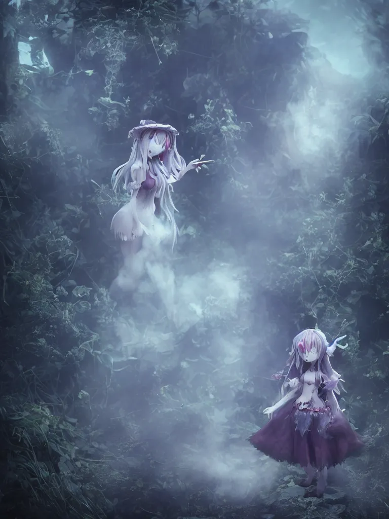 Prompt: cute fumo plush of a frail cursed witch girl wandering the depths of the forbidden jungle, gothic wraith maiden, wispy smoke and volumetric fog, beyond the mirror, filmic, symmetric beauty, vignette, vray