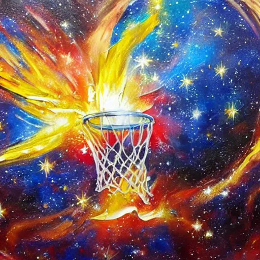 Prompt: an expressive oil painting of a basketball player dunking, depicted as an explosion of a nebula