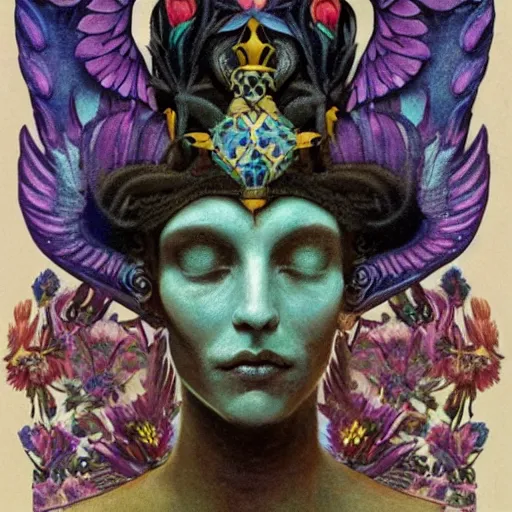 Prompt: the bone crown, the crown of wings, by Annie Swynnerton and Nicholas Roerich and Diego Rivera, bioluminescent skin, tattoos, wings made out of flowers, elaborate costume, geometric ornament, symbolist, cool colors like blue and green and violet, smooth, sharp focus, extremely detailed