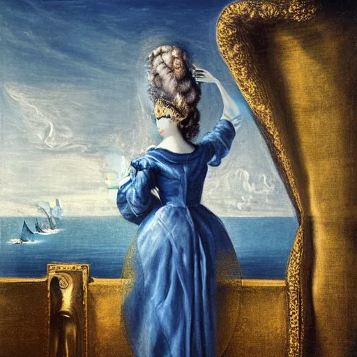 Image similar to Marie Antoinette levitating over the sea. El Greco, Remedios Varo, Salvador Dali, Carl Gustav Carus, John Atkinson Grimshaw. Blue tint. Symetrical, logo, geometric shapes.