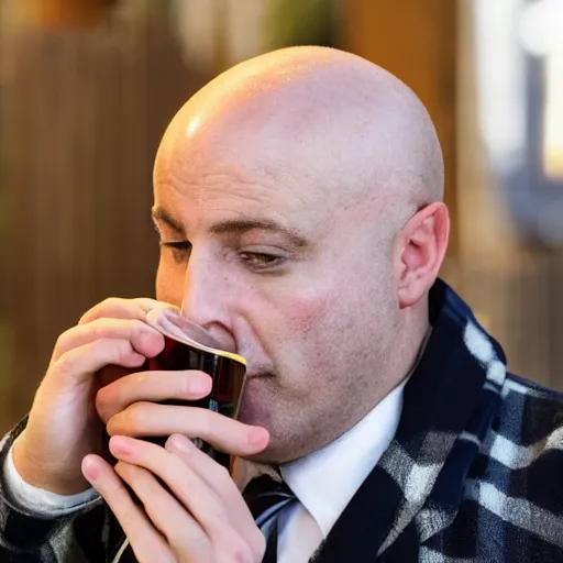 Prompt: a bald scientist drinking out of a comically small cup