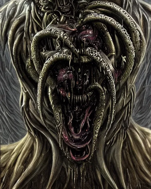 Prompt: Dark fantasy Painting of a hulking muscular demonic flesh creature covered in boils with fish eyes with drool dripping from its mouth, hr giger muscles, tentacles growing from its face, disgusting, creepy, unsettling, horror, upper body, intricate, wild, highly detailed, digital painting, artstation, concept art, smooth, sharp focus, illustration, art by artgerm and greg rutkowski and alphonse mucha