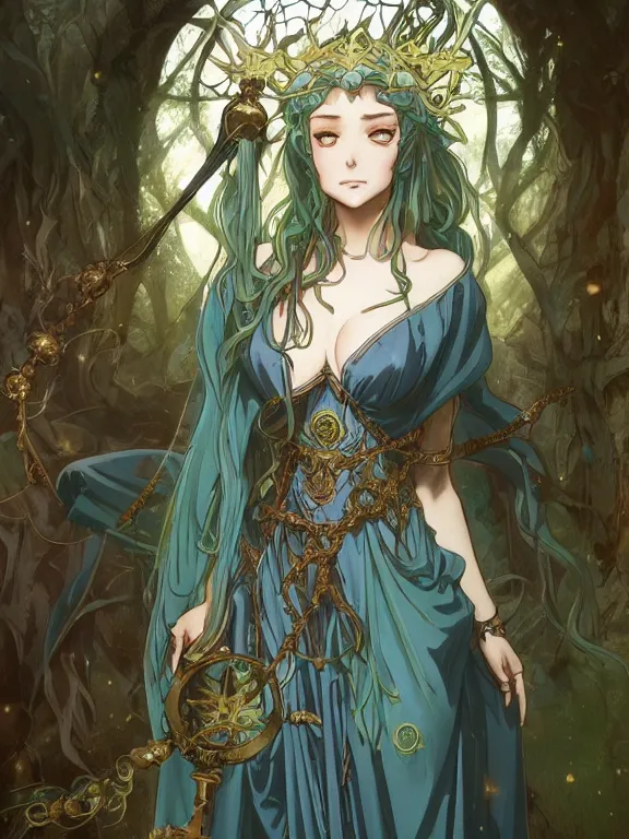 Prompt: anime key visual of amora the enchantress wearing a medieval gown!! intricate, magical forest, stunning, highly detailed, digital painting, artstation, smooth, hard focus, illustration, art by artgerm and greg rutkowski and alphonse mucha