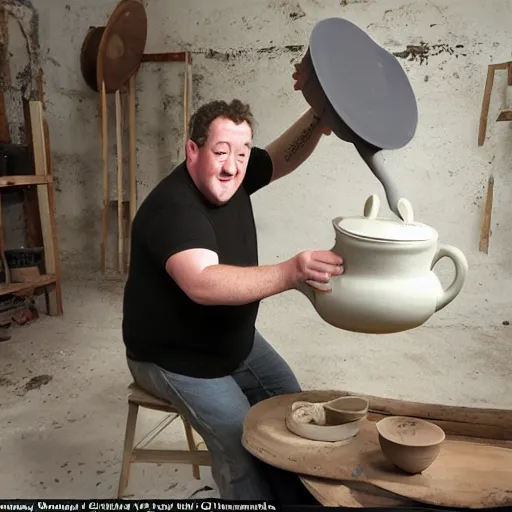 Image similar to johnny vegas making a huge teapot out of wet clay, on a pottery wheel, art school, studio, wet clay, Michael Joseph Pennington, photorealistic