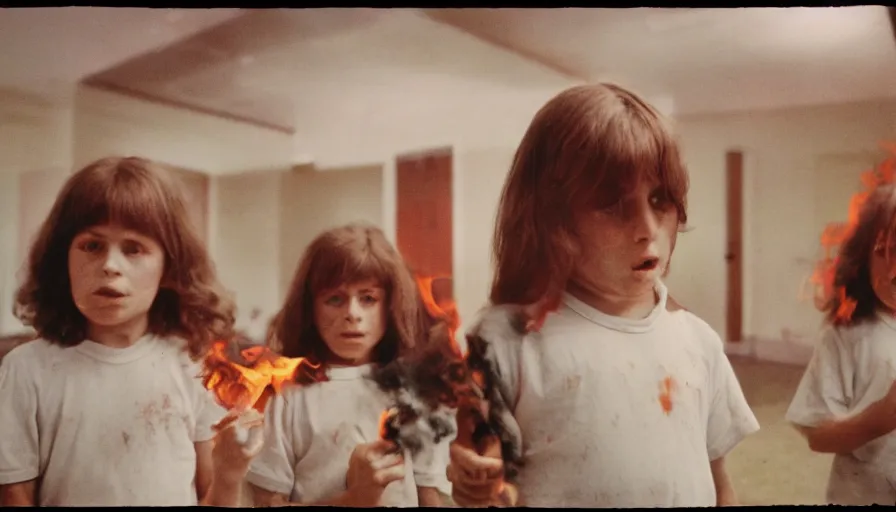 Prompt: 7 0 s film still from a horror movie about children in a mental hospital playing with fire, kodachrome, cinecolor, cinestill, film grain, film texture, retro, cinematic, high resolution, photorealism,