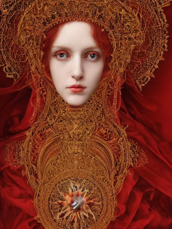 Prompt: a beautiful render of a catholic veiled red queen with symmetry intricate detailed ,pray,by Andrei Riabovitchev,Enchanted doll,Lawrence Alma-Tadema,aaron horkey,Billelis,trending on pinterest,hyperreal,feminine,golden ratio,cinematic lighting