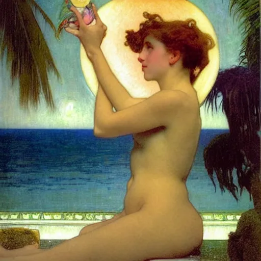 Prompt: Moon girl at the palace, thunderstorm, greek pool, beach and palm trees on the background major arcana sky, by paul delaroche, alphonse mucha and arnold böcklin arnold böcklin hyperrealistic 8k, very detailed