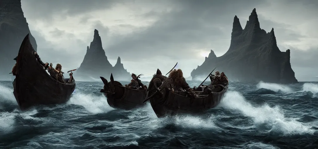 Prompt: vikings landing on the shore of iceland, dramatic lighting, cinematic, establishing shot, extremely high detail, photo realistic, cinematic lighting, post processed, concept art, artstation, matte painting, blizzard studio, wow, style by eddie mendoza, raphael lacoste, alex ross
