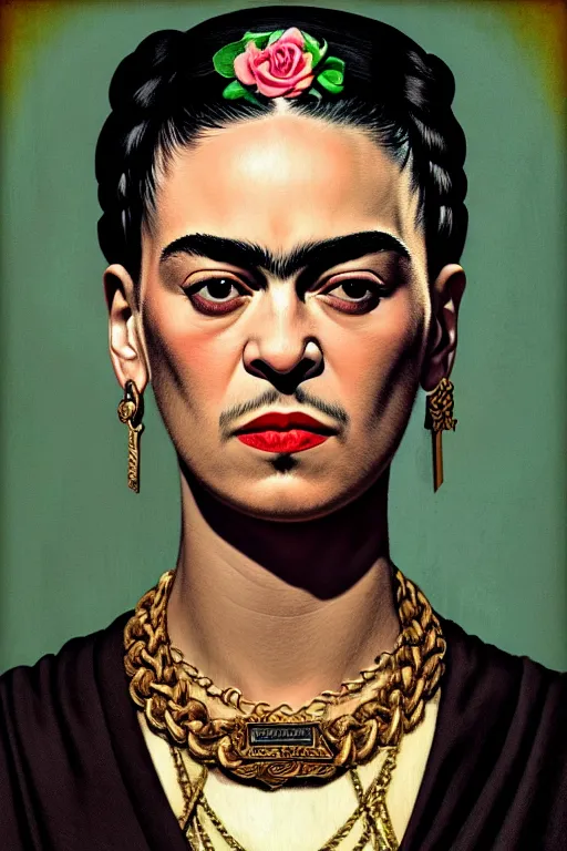 Image similar to rap album cover featuring frida kahlo wearing gangster thug outfit, staring directly into camera, intricate, elegant, dramatic lighting, highly detailed, digital painting, artstation, sharp focus, illustration, art by wlop, mars ravelo and greg rutkowski, album cover, parental advisory