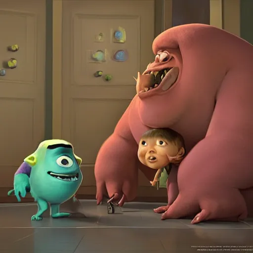 Prompt: Pixar's Monsters inc, colorkey artwork by Sergey Kolesov, detailed, dynamic, cinematic composition