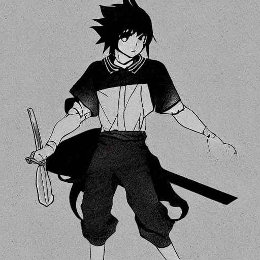 Image similar to young anime hero with a sword, illustrated by studio ghibili, manga, black and white illustration