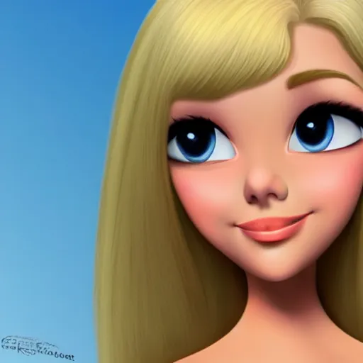 Image similar to Disney animation of a cute blonde girl with green eyes, symmetrical face