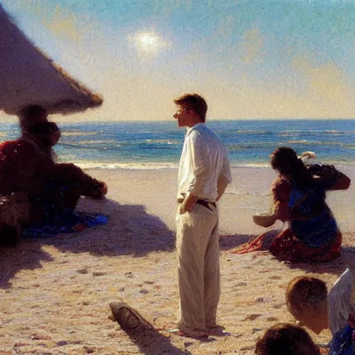 Image similar to detailed cinematic shot of bill gates with white clothes in the mediterranean beach, spring light, painting by gaston bussiere, craig mullins, j. c. leyendecker