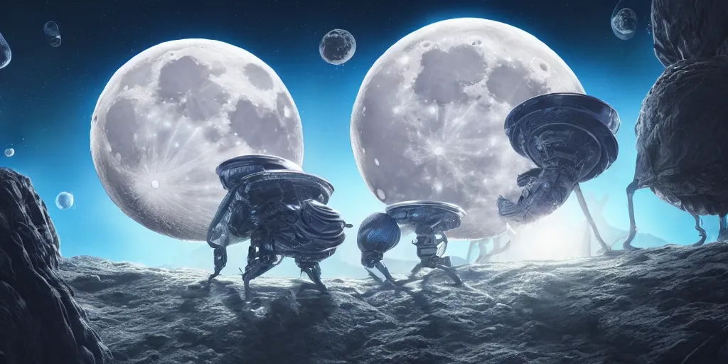 Image similar to moon space enviroment with a alien cutes creatures , unreal 5, hyperrealistic, realistic, photorealistic, dynamic lighting, highly detailed, cinematic landscape, studio landscape, studio lighting