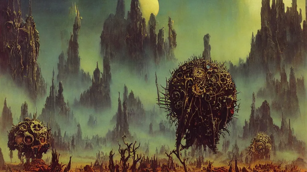 Image similar to surreal eerie alien planet empire with strange biomechanical plants by frank frazetta and bruce pennington, cinematic matte painting