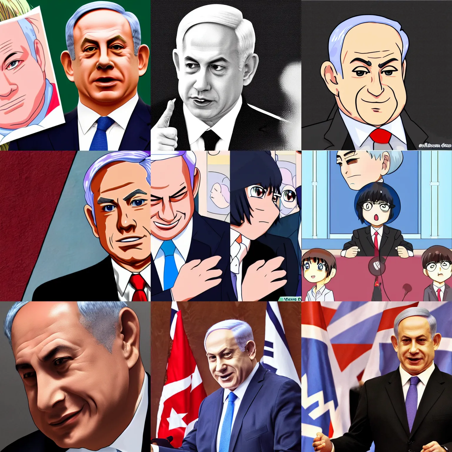Prompt: Benjamin Netanyahu as a kawaii anime character, blushing, detailed, anime style