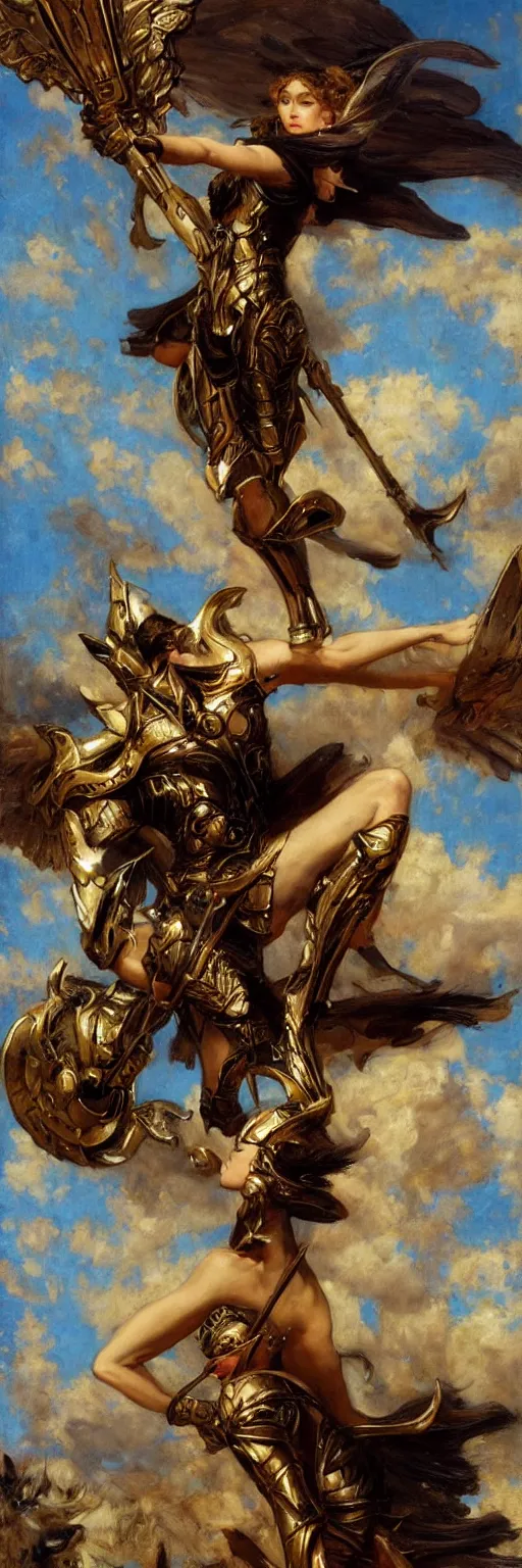 Image similar to a nymph wearing a black armor floating in the sky ready to fight angels, extremely realistic and highly detailed painting by gaston bussiere and j. c. leyendecker 8 k