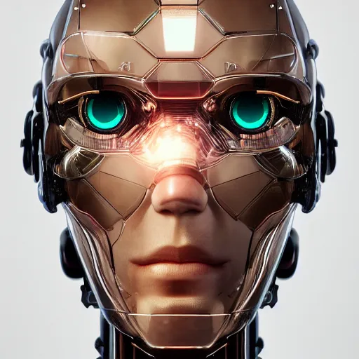 Prompt: headshot of humanoid robot from ex machina, cyborg implants, electronic brain, glowing circuitry, highly detailed, intricate and elegant, cinematic lighting, glass, transparency, studio ghibli, jean - baptiste monge