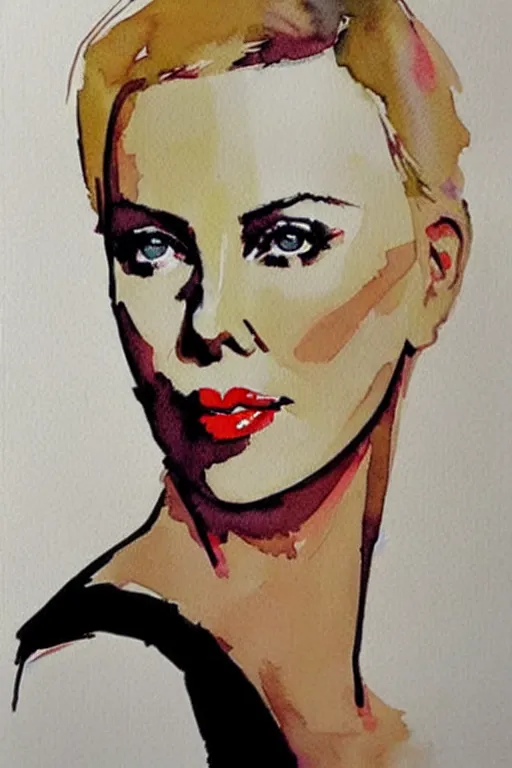 Prompt: charlize theron, watercolor portrait by David downton