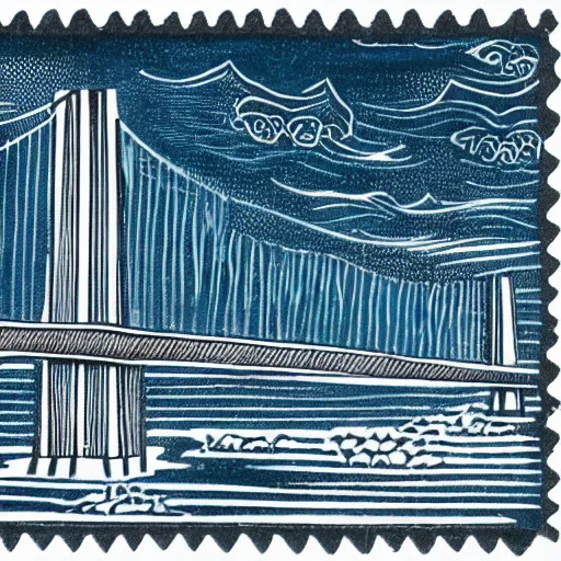 Image similar to small steel suspension bridge built in 1 9 2 8, side view, puffy clouds in background, woodcut style stamp, 8 k