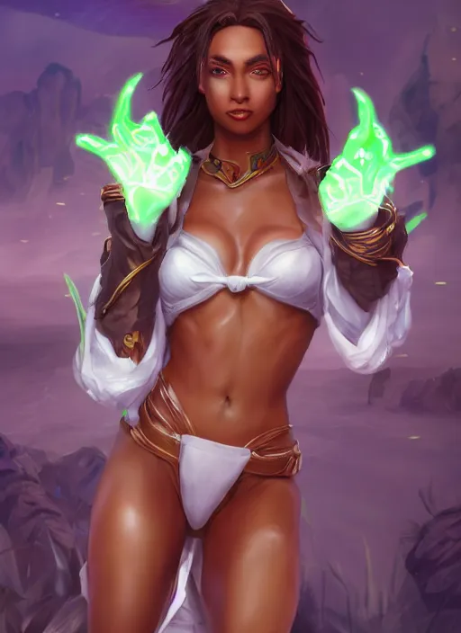 Image similar to senna from league of legends, au naturel, hyper detailed, brown skin, with abs, glowing green neon eyes, wearing white robe, digital art, trending in artstation, cinematic lighting, studio quality, smooth render, unreal engine 5 rendered, octane rendered, art style by klimt and nixeu and ian sprigger and wlop and krenz cushart