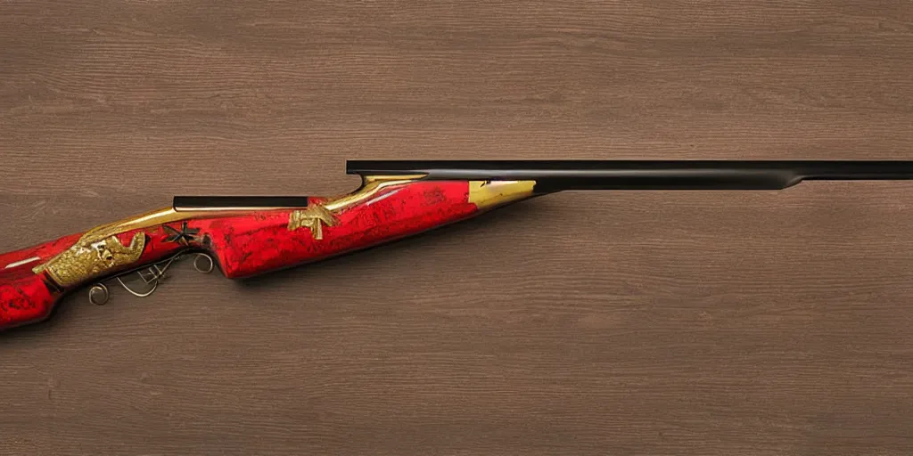 Image similar to a shotgun made from glossy red - painted wood and elements of gold metalwork