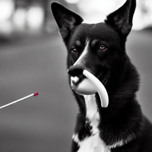 Image similar to a photograph of a dog with a cigarette in its mouth, low depth of field