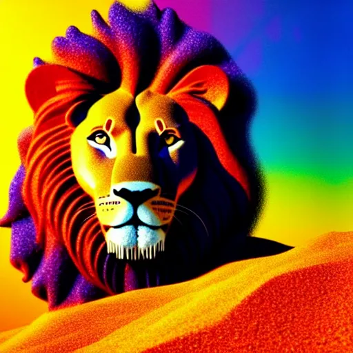 Image similar to lion made of rainbow sand, multicolor, colour in fringes, very colourful, volumetric light, cinematic, extremely detailed, cgi, trending on artstation, hyper realistic, hd wallpaper, sharp, michael whelan, ted nasmith