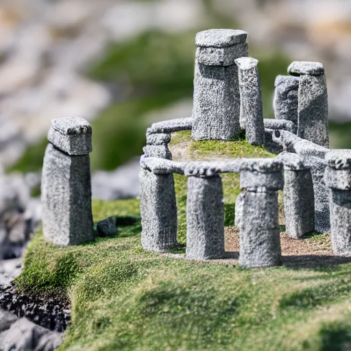 Image similar to macro photo of a miniature ho scale stonehenge model, taken with canon 8 0 d, canon 1 0 0 mm f / 2. 8