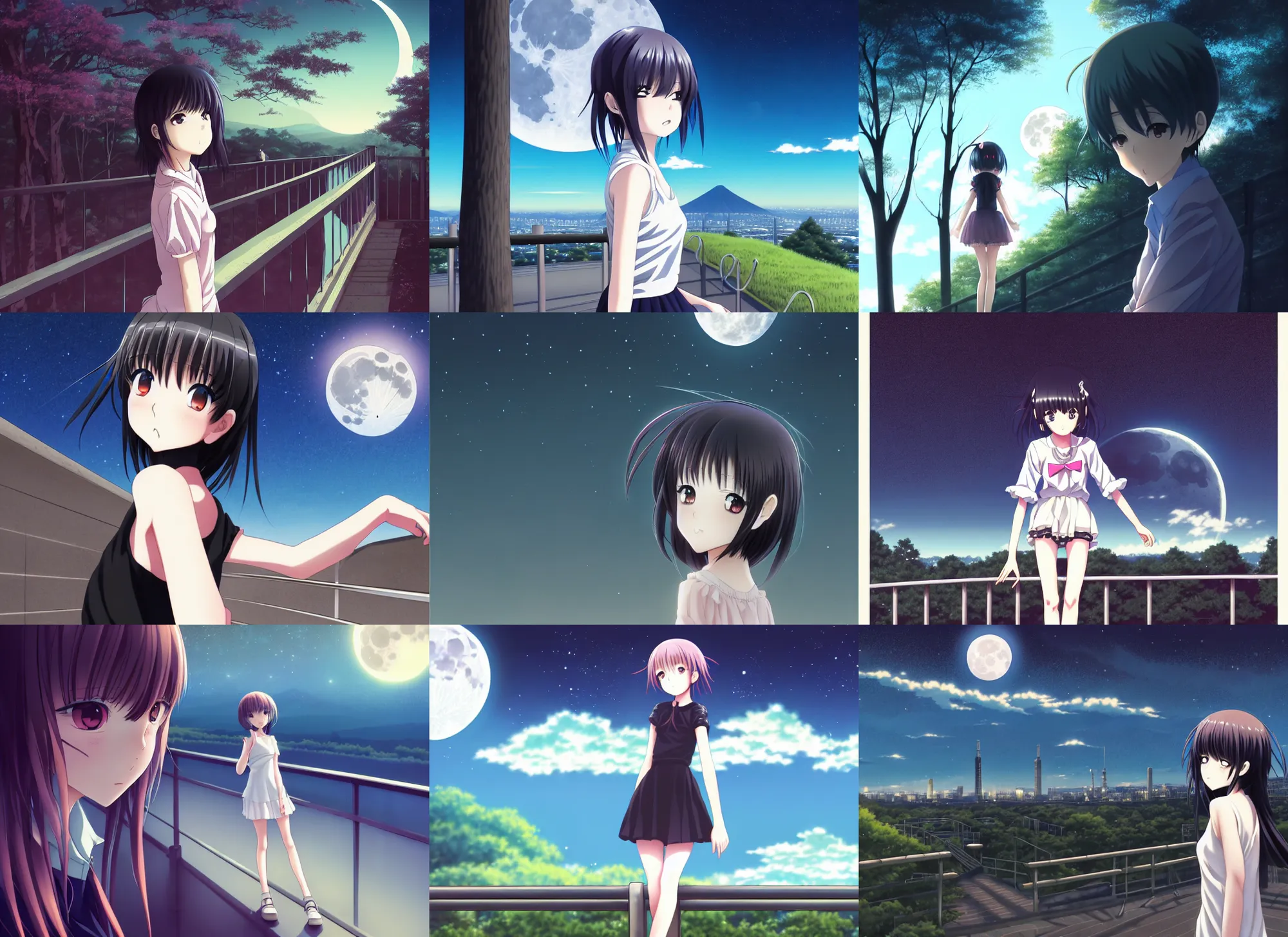 Prompt: anime visual, dark portrait of a young girl sightseeing overlook at from the park exterior, moon, guardrail, cute face by anmi, murata range, katsura masakazu, ilya kuvshinov, dynamic pose, dynamic perspective, strong silhouette, anime cels, flat shading, rounded eyes, realistic proportions, dramatic, detailed facial features
