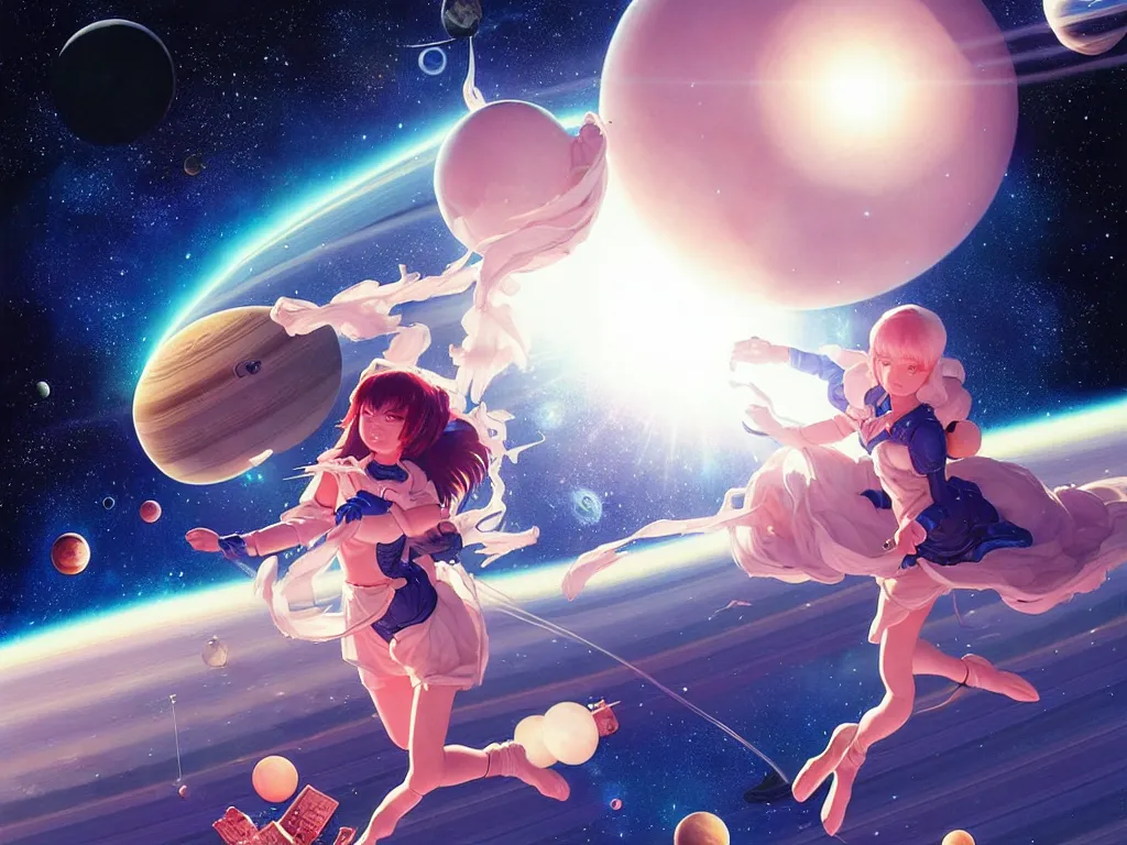 Image similar to lovely space girl flying to the saturn with her animal compaions, occlusion shadow, specular reflection, rim light, unreal engine, artgerm, artstation, art by hiroaki samura and ilya kuvshinov and ossdraws, high quality, intricate detailed 8 k, fantasy illustration, extremely beautiful and aesthetic shape of face and body, movie poster