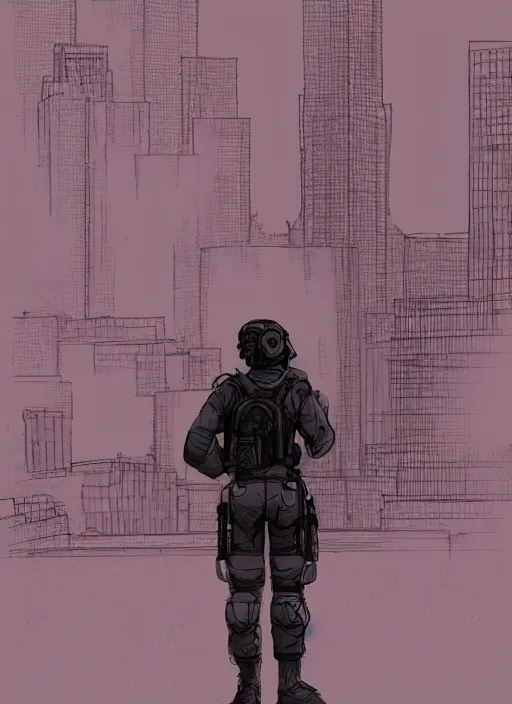 Prompt: Dinah. USN special forces operator looking at city skyline. mgs and rb6s Concept art by Matt Rhodes.