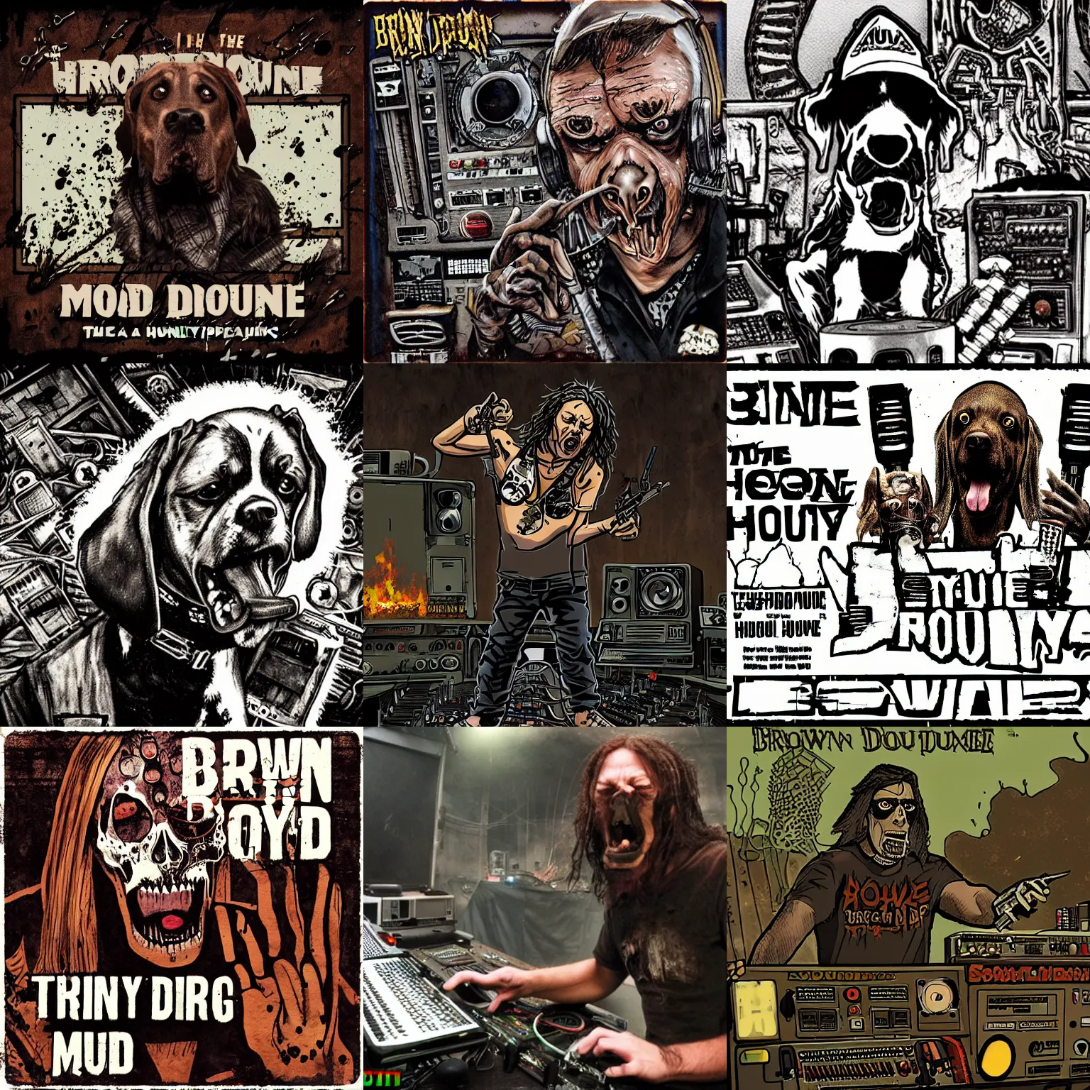 Prompt: the brown hound dog mad mutt mixing industrial music in an apocalypsecore setting