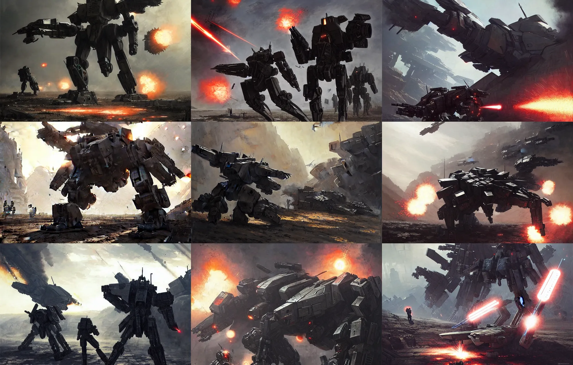 Image similar to an armored core v on the ground, booster flares, legs, laser rifles, karst landscape, art by greg rutkowski