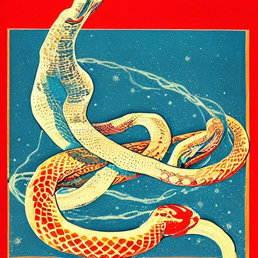 Image similar to soviet propaganda poster featuring a snake tangled on planet earth, view from space