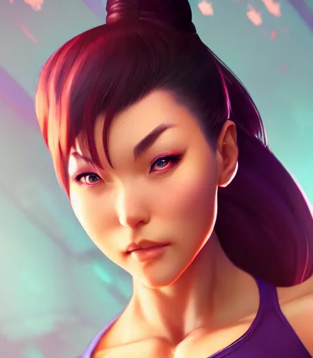 Image similar to beautiful portrait of a gorgeous personal trainer who looks like Chun Li , character design by charlie bowater, ross tran, artgerm, and makoto shinkai, detailed, soft lighting, rendered in octane