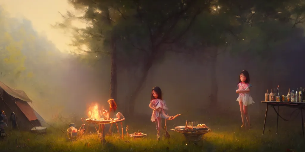 Image similar to big eyed brunette sweet little girl looking sad in front of barbecue near tent at camp, extremely detailed digital painting, in the style of fenghua zhong and ruan jia and jeremy lipking and peter mohrbacher, mystical colors, rim light, beautiful lighting, 8 k, stunning scene, raytracing, octane, trending on artstation